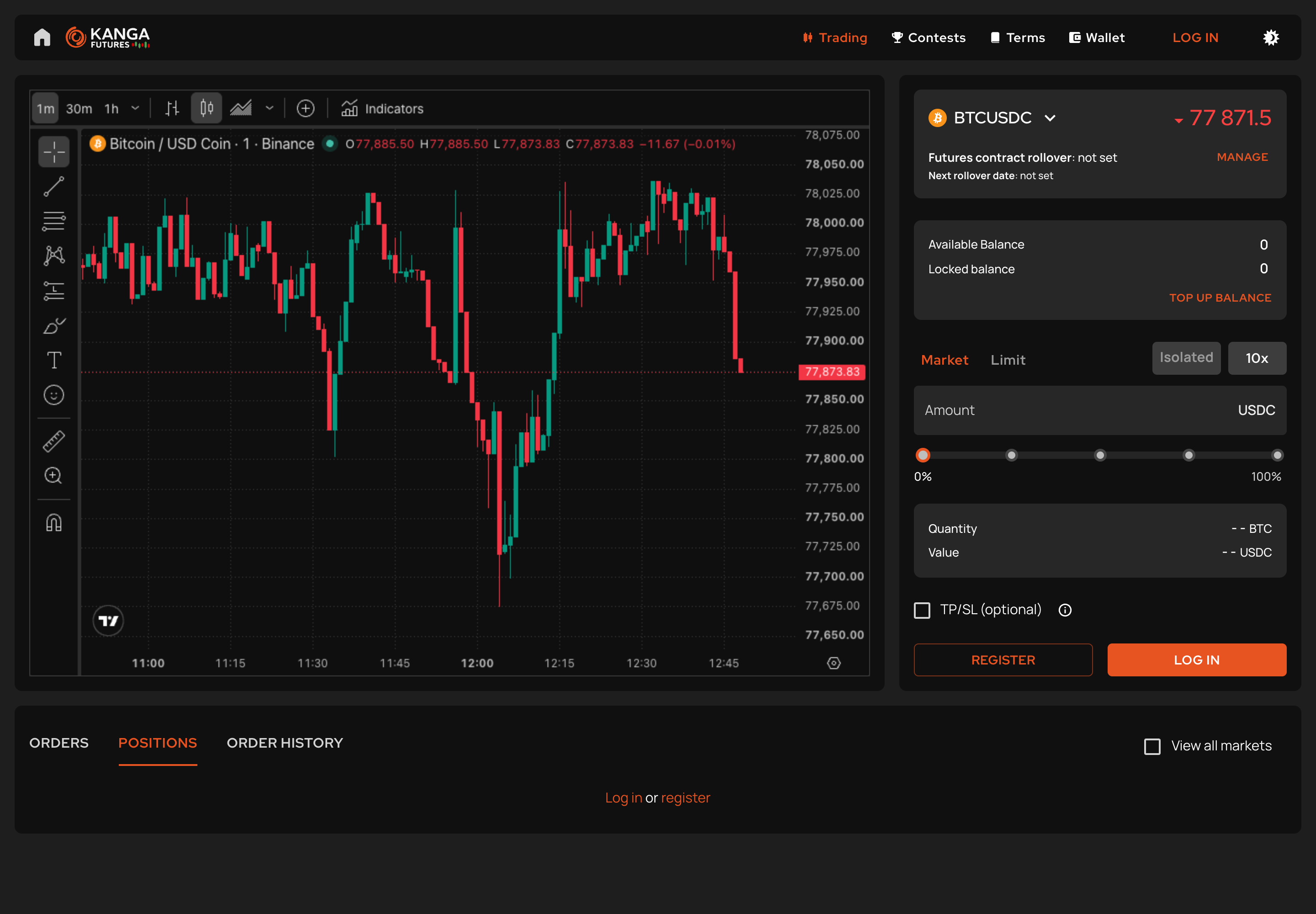 Kanga public futures trading interface with original market data