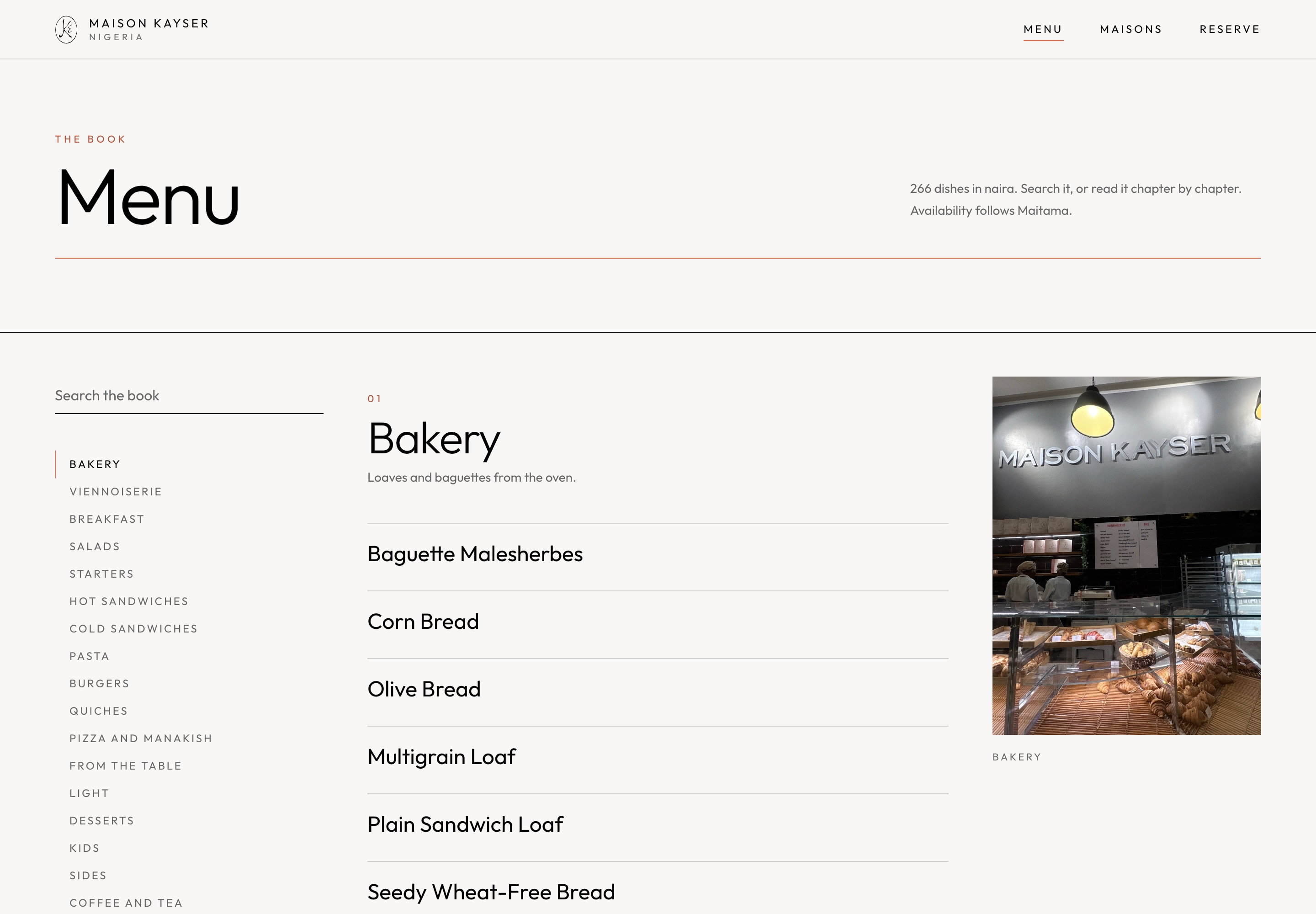 Maison Kayser Nigeria digital menu with food categories