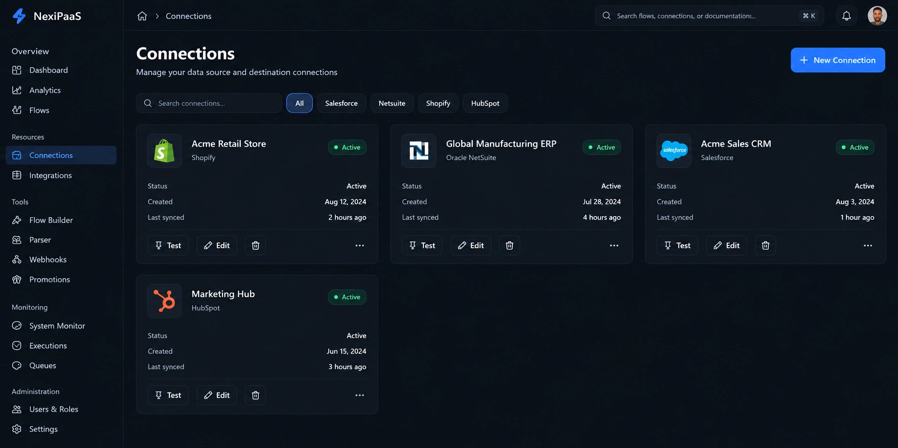 NexiPaaS connections screen listing Shopify, NetSuite, Salesforce and HubSpot connections with status and last sync