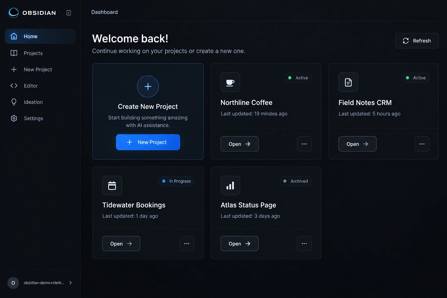 Obzidian dashboard listing a demo workspace's projects with their status and last update