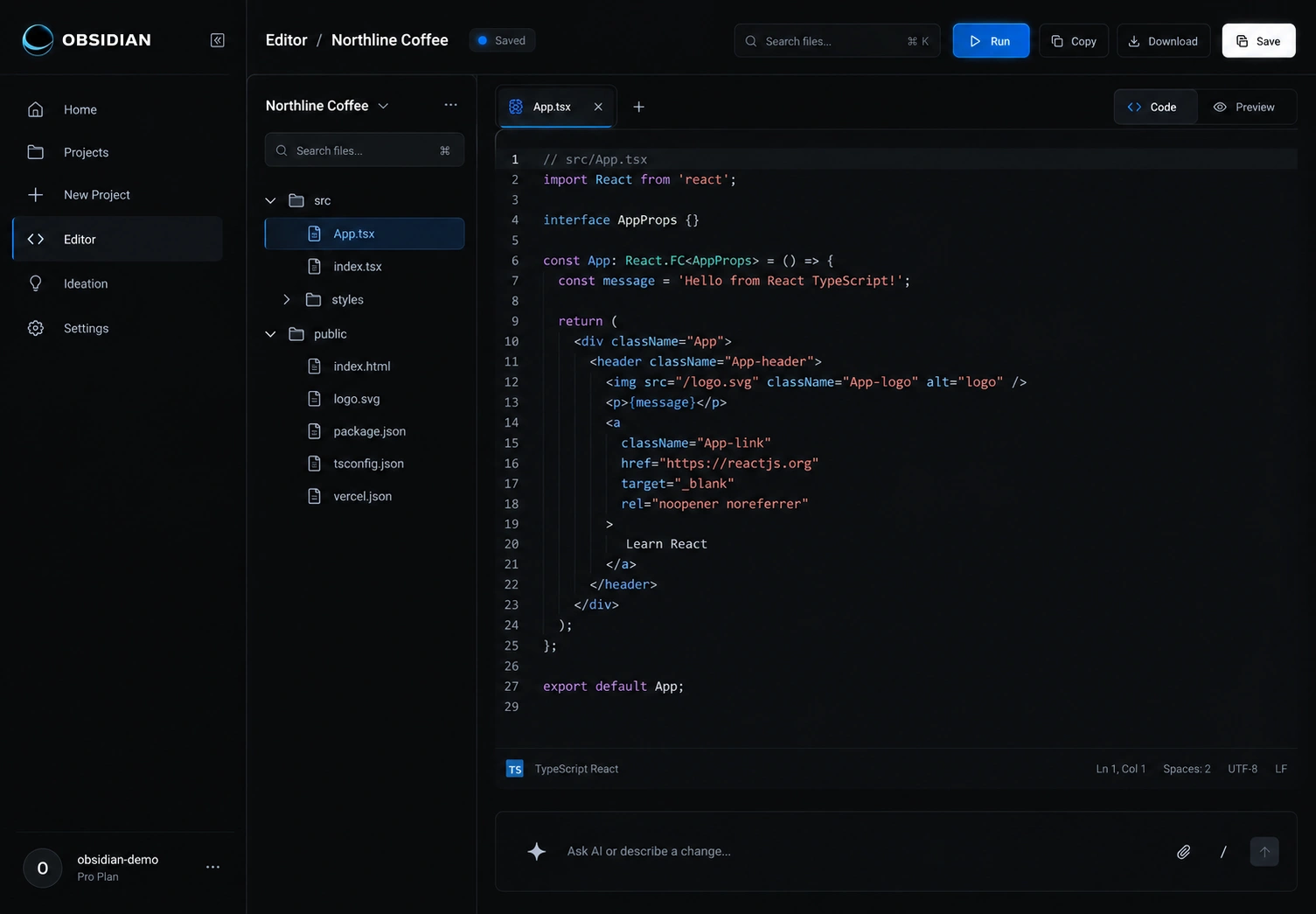 Obzidian editor with the project file tree, the code pane and an AI prompt bar