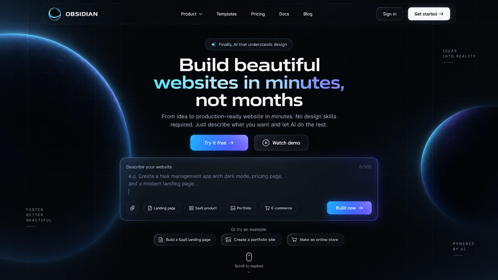 Obzidian landing page with the prompt box that starts a new app