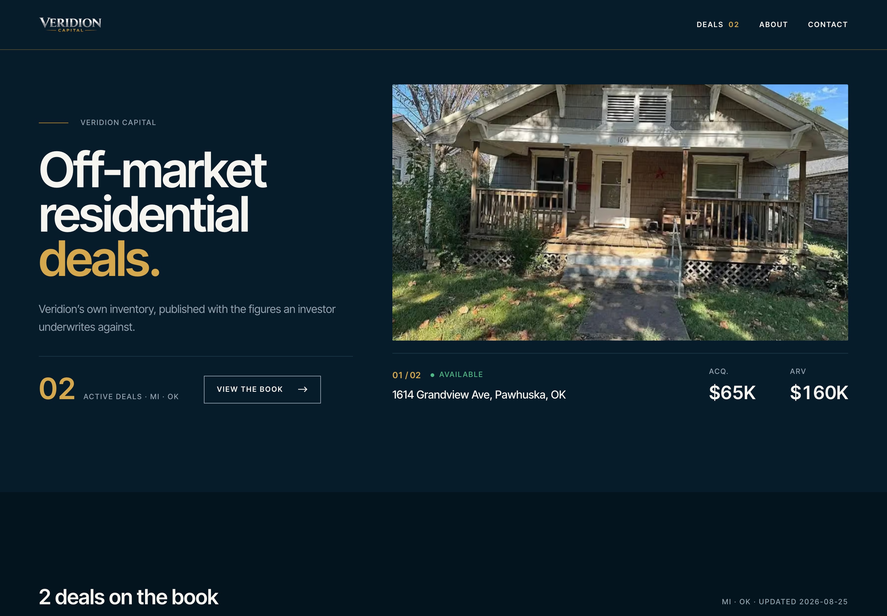 Veridion Capital acquisition book homepage with active residential deals